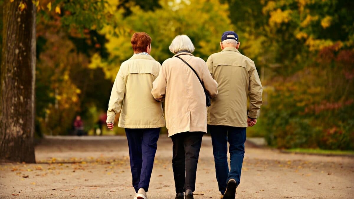 three elderly people walking together