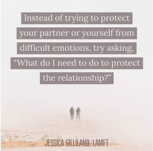 A couple walking in the distance with the words