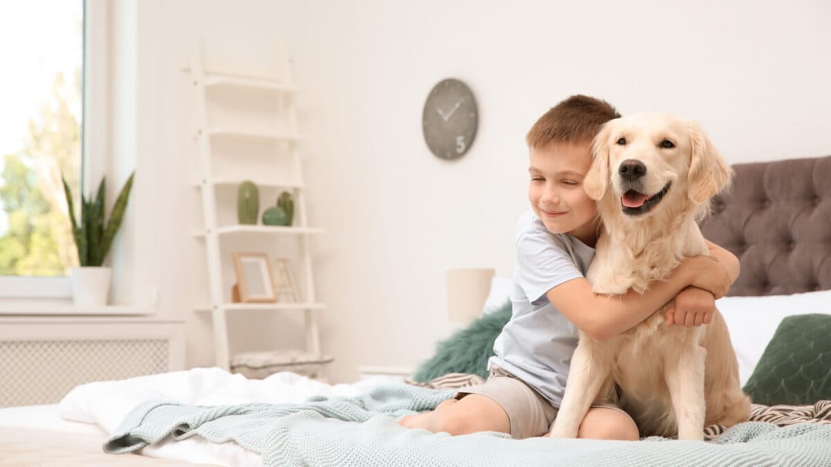 cute boy hugging an adorable dog in bed